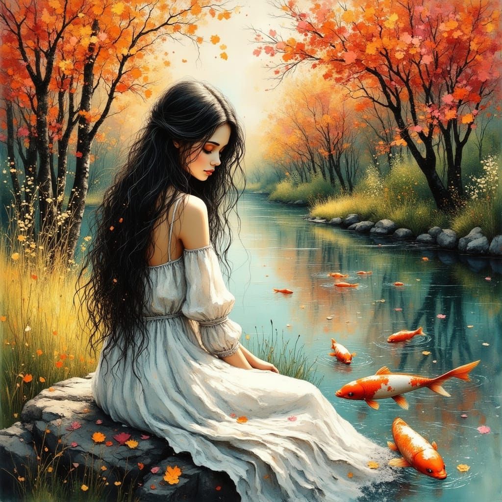 Woman by Pond in Painterly Autumn Scene