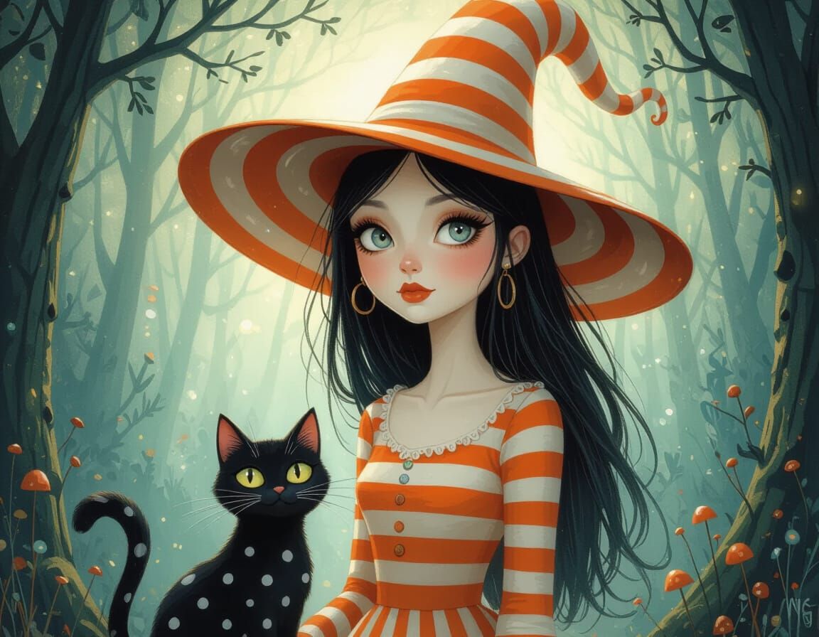 Whimsical Witch with Polka Dot Cat: Dark Fantasy Oil Paintin...