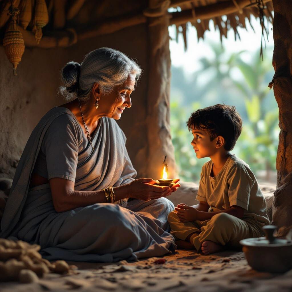 Grandmother Tells Story in Cozy Mud Hut with Oil Lamp
