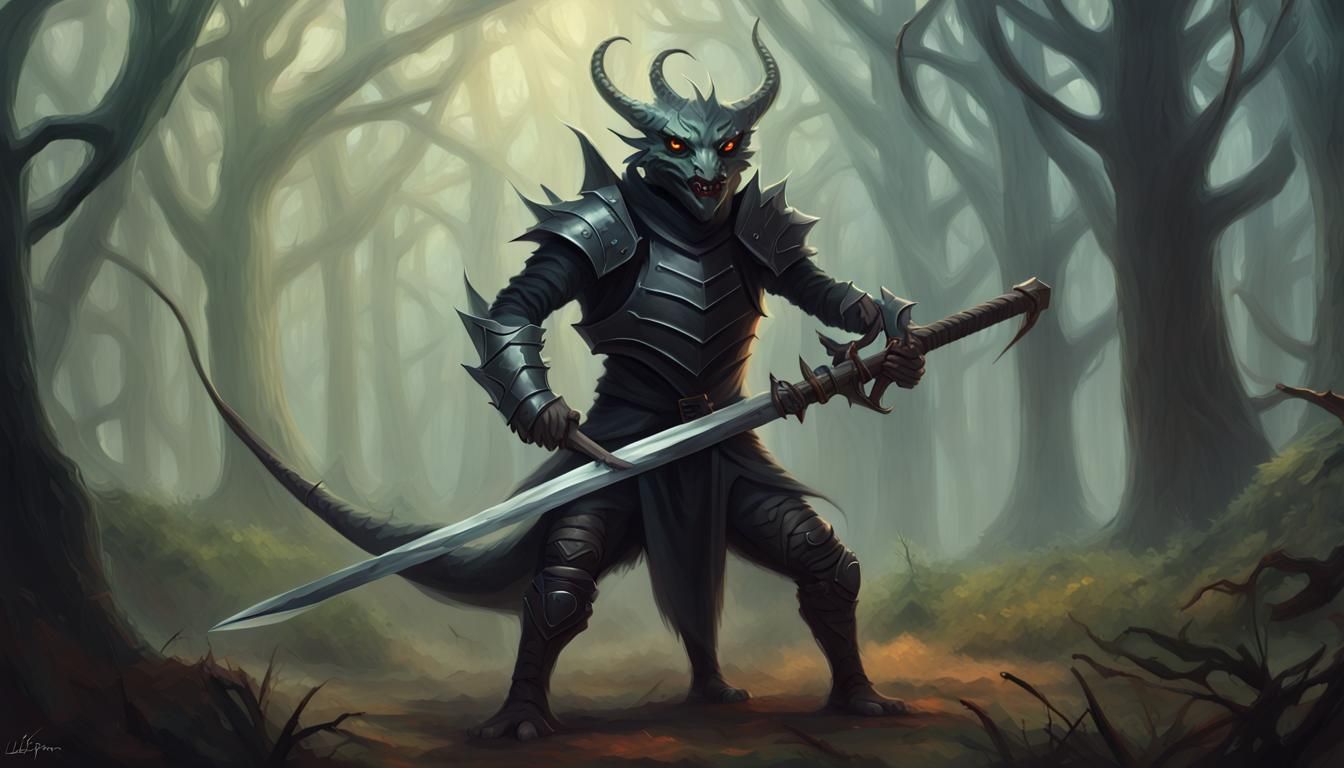 Kobold Lizard Warrior in Dark Armor with Demon Horns