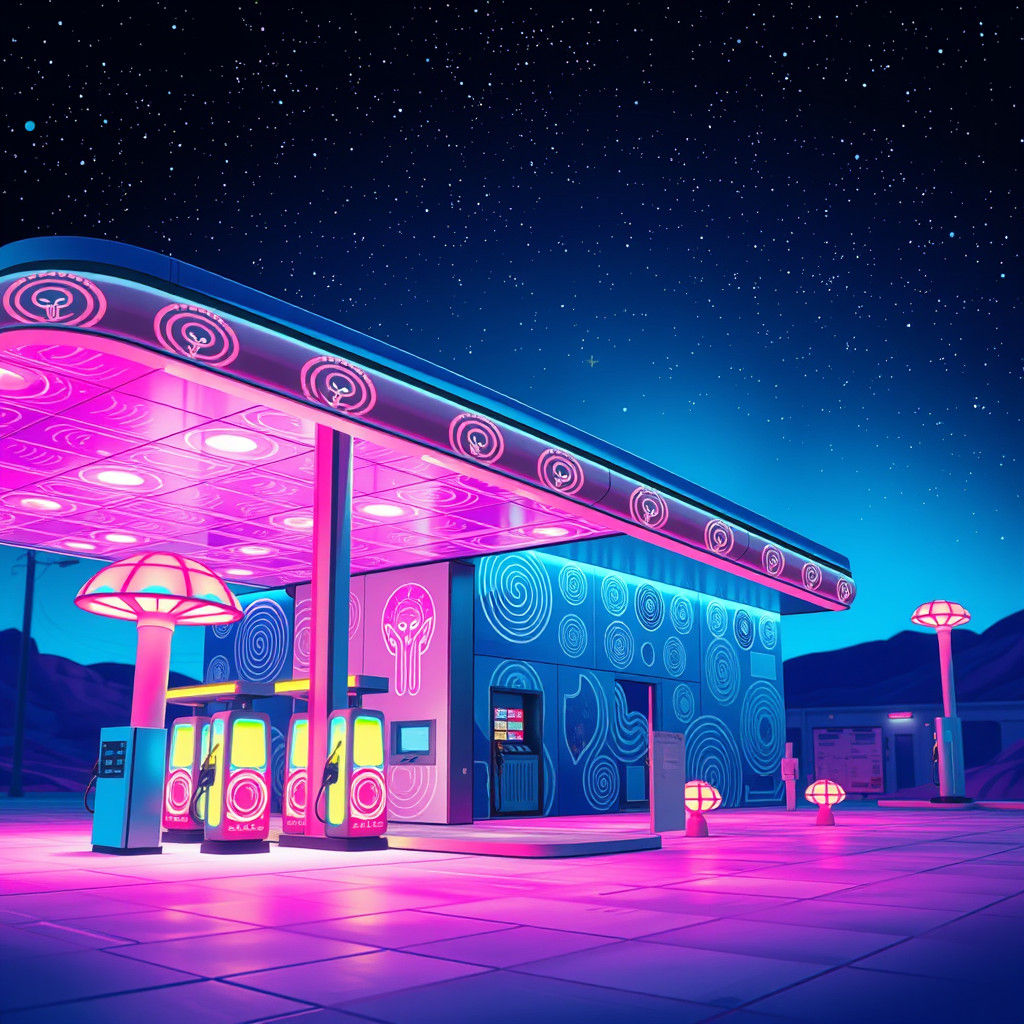 Surreal Futuristic Gas Station Under Starry Night Sky in Cel...