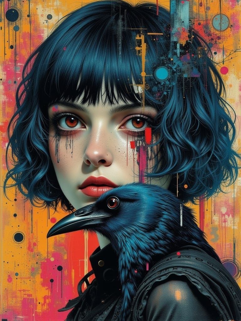 Gothic Abstract Portrait of a Blue-Haired Woman