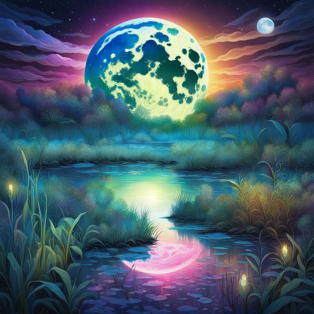 Cosmic Full Moon Over Wetlands: Holographic Illustration