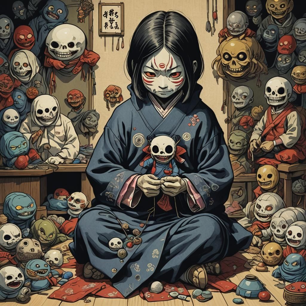Sinister Yokai Sewing Sweaters, Dark Fantasy Art
