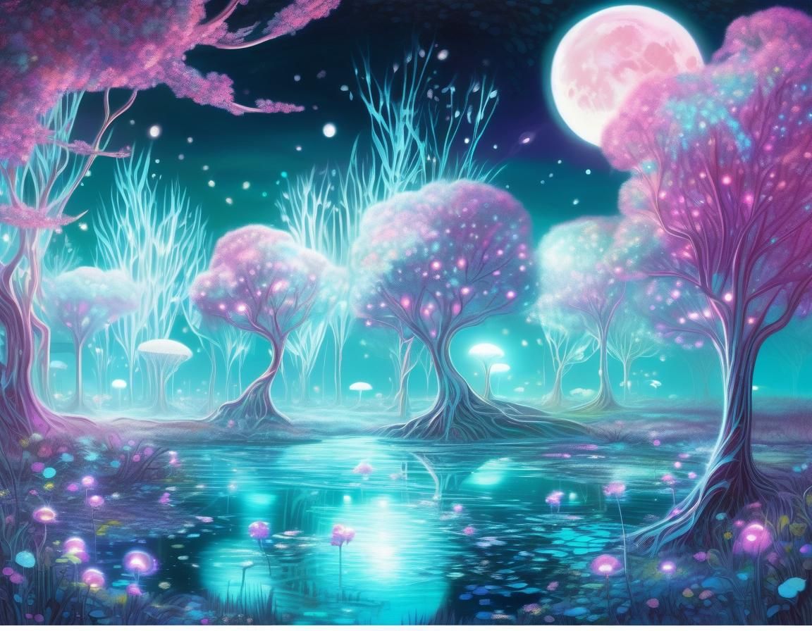 Bioluminescent Alien Garden Under Moonlight