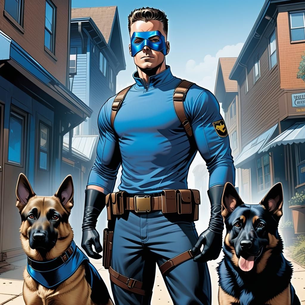 Superhero with German Shepherd in Comic Book Style
