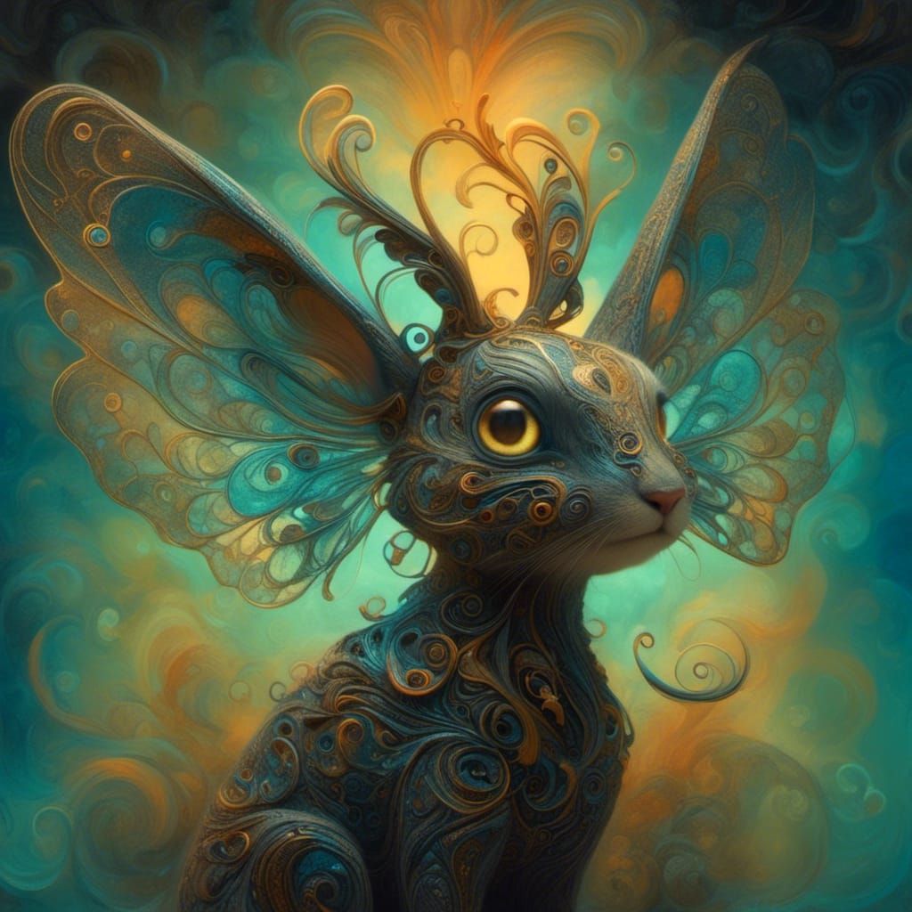 <lora:Blue Period:1.0> a diaphanous cat-like fairy rabbit fe...