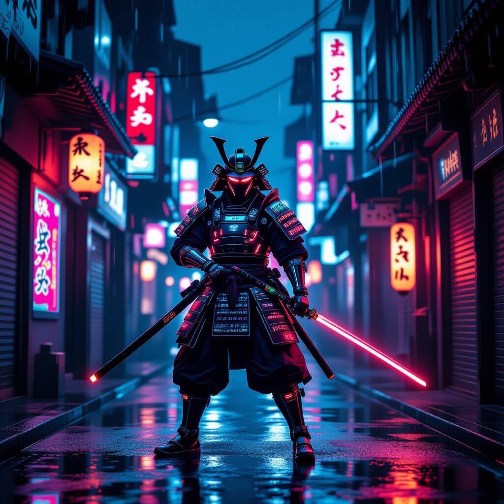 Cyberpunk Samurai in Neon Alleyway