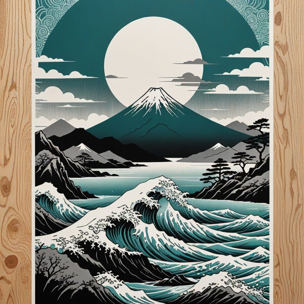 Japanese Landscape Art Poster in Teal, Black, and Grey