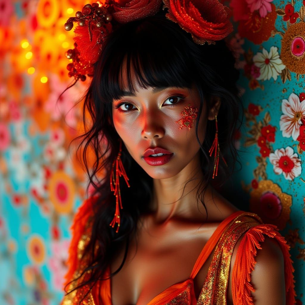 Punk Geisha Portrait in Vibrant Amber Tones