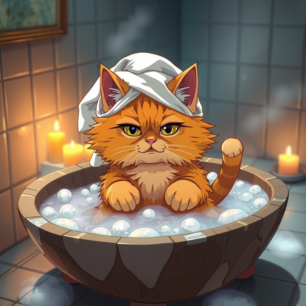 Grumpy Cat in Wooden Bathtub, Anime Art Style