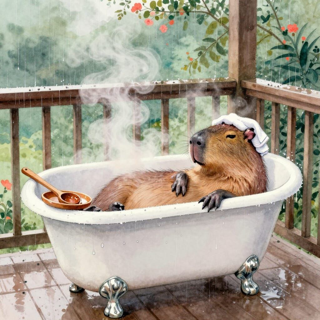 Capybara Relaxing in Clawfoot Tub on Veranda