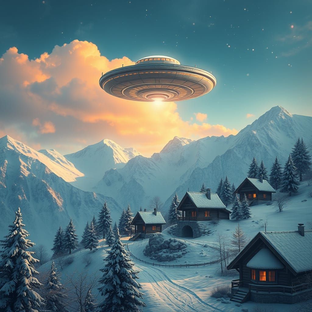 Ethereal UFO Descends Amidst Snowy Mountain Village