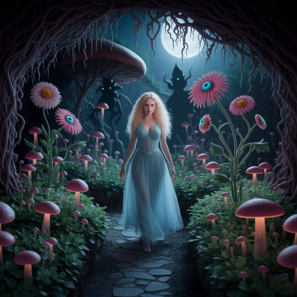Enchanted Garden with Luminous Flora and Ethereal Woman