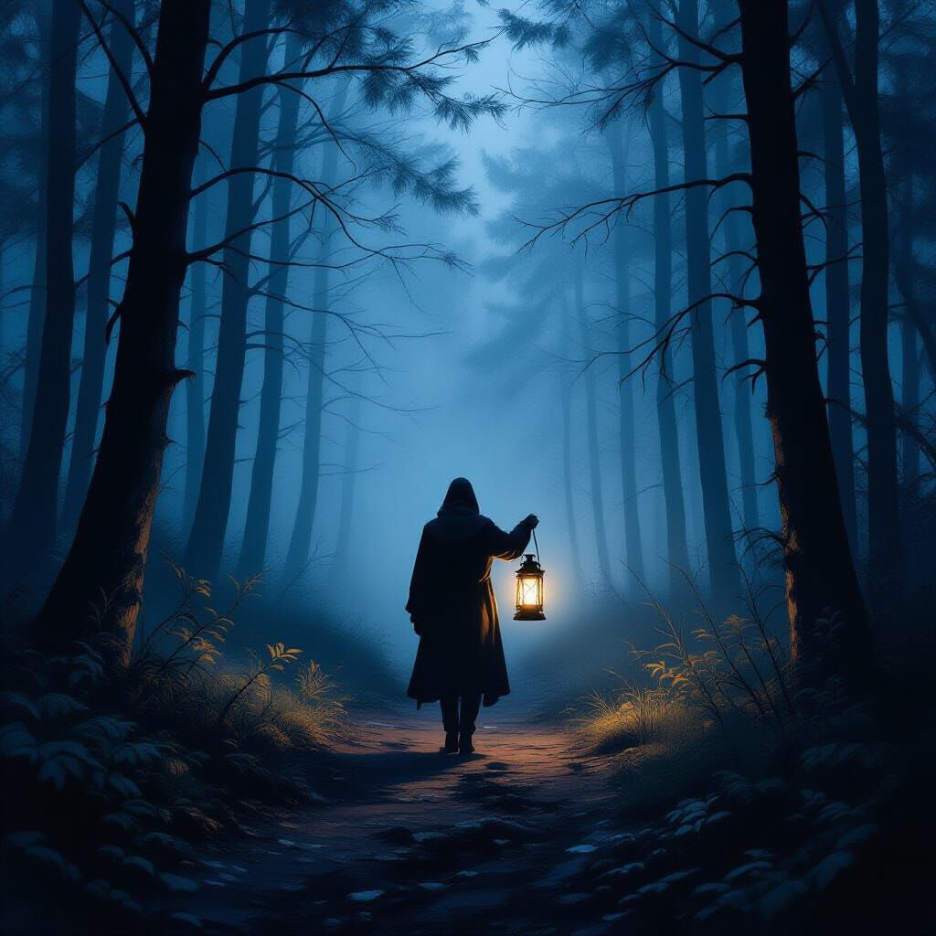 Misty Forest at Twilight with Lantern Glow