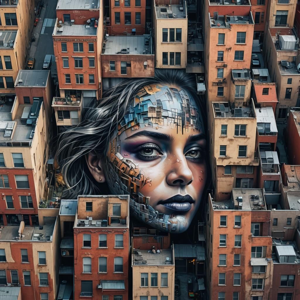 Detailed Facial Mural in Big City