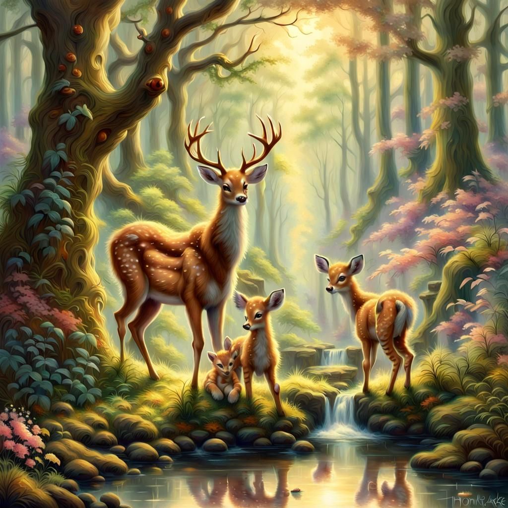 Deer and Tiger Cub Play in Ethereal Forest
