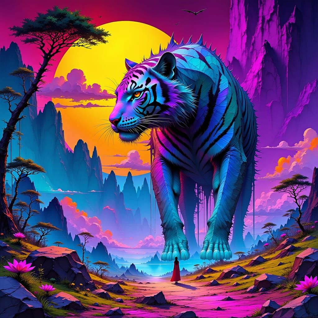 Iridescent Tiger in Neon Triassic Landscape