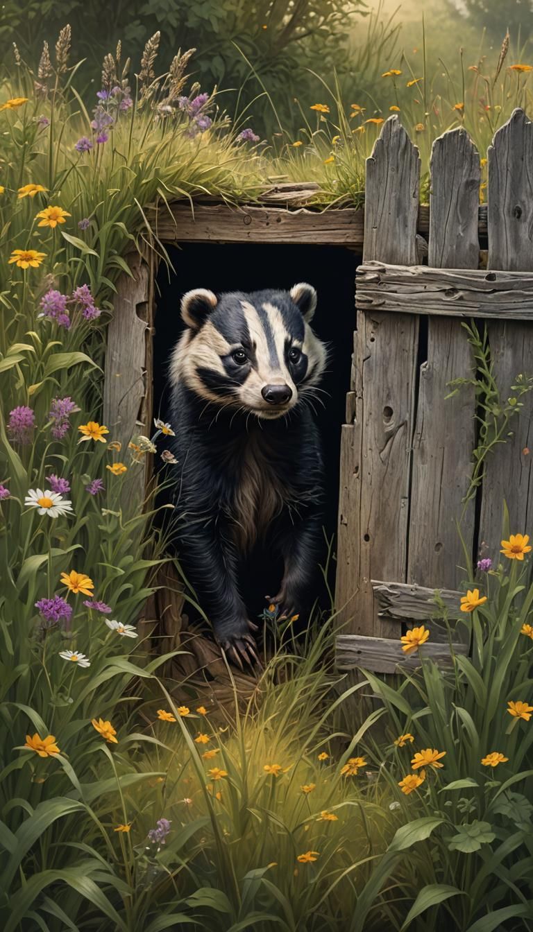 Ethereal Badger at Den in Wildflower Meadow
