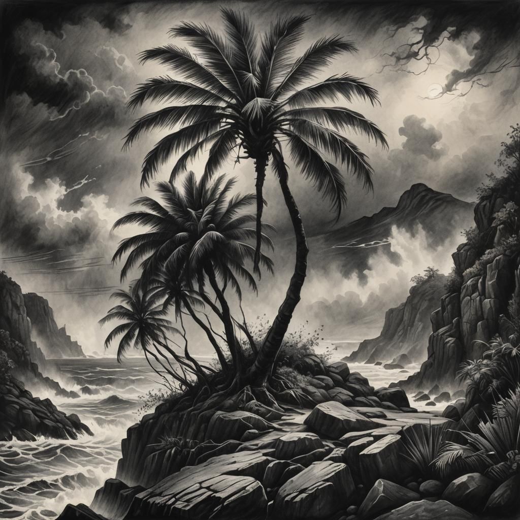 Charcoal Drawing of Lost Island with Palm Tree