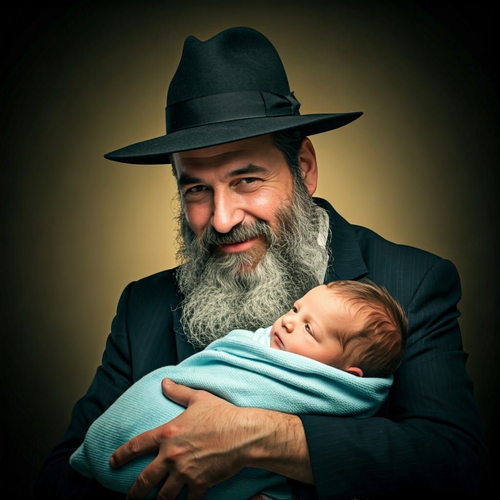 Hasidic Father and Son: Retro Photo with Neon Glow