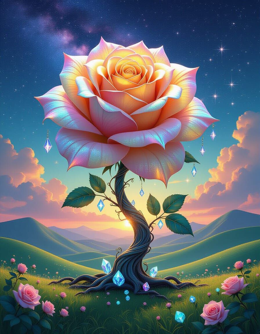 Colossal Fantasy Rose in Surreal Cosmic Landscape