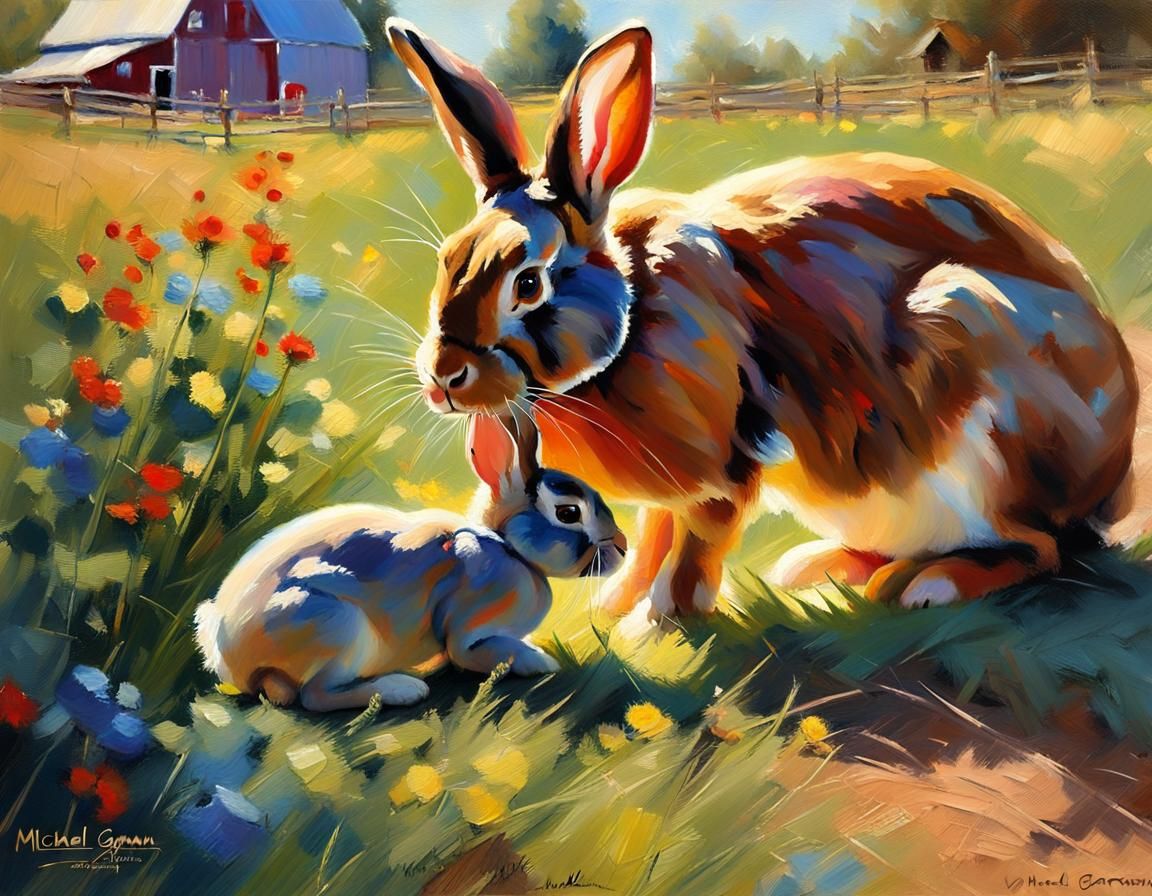 Rabbit Family in Impressionist Farm Landscape