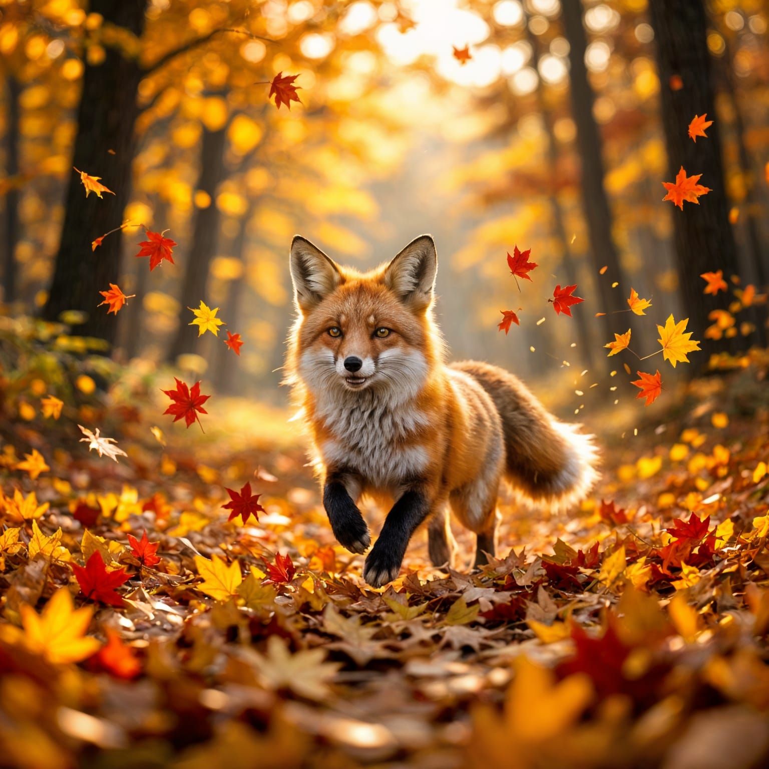Playful Fox Leaping in Sunlit Autumn Forest