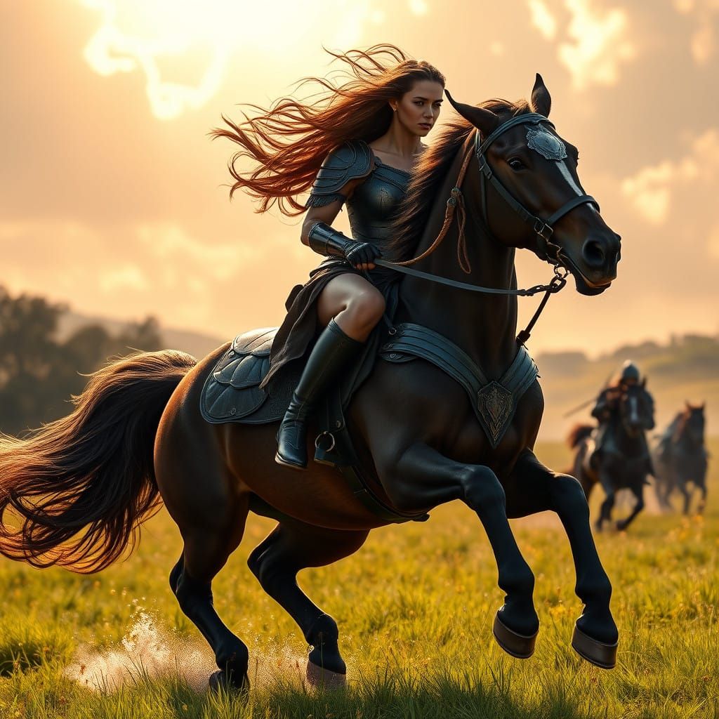 A Powerful Amazon Warrior Rides a Majestic Stallion Across a...