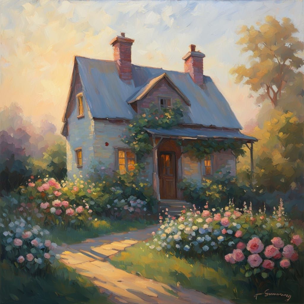 Impressionist Oil Painting of a Charming Rose Garden Cottage