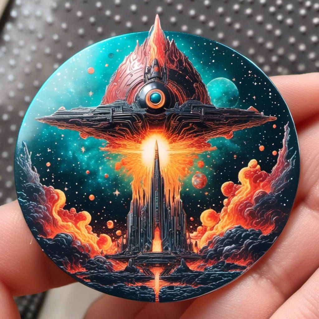 Spacecraft Badge Launching with Flames