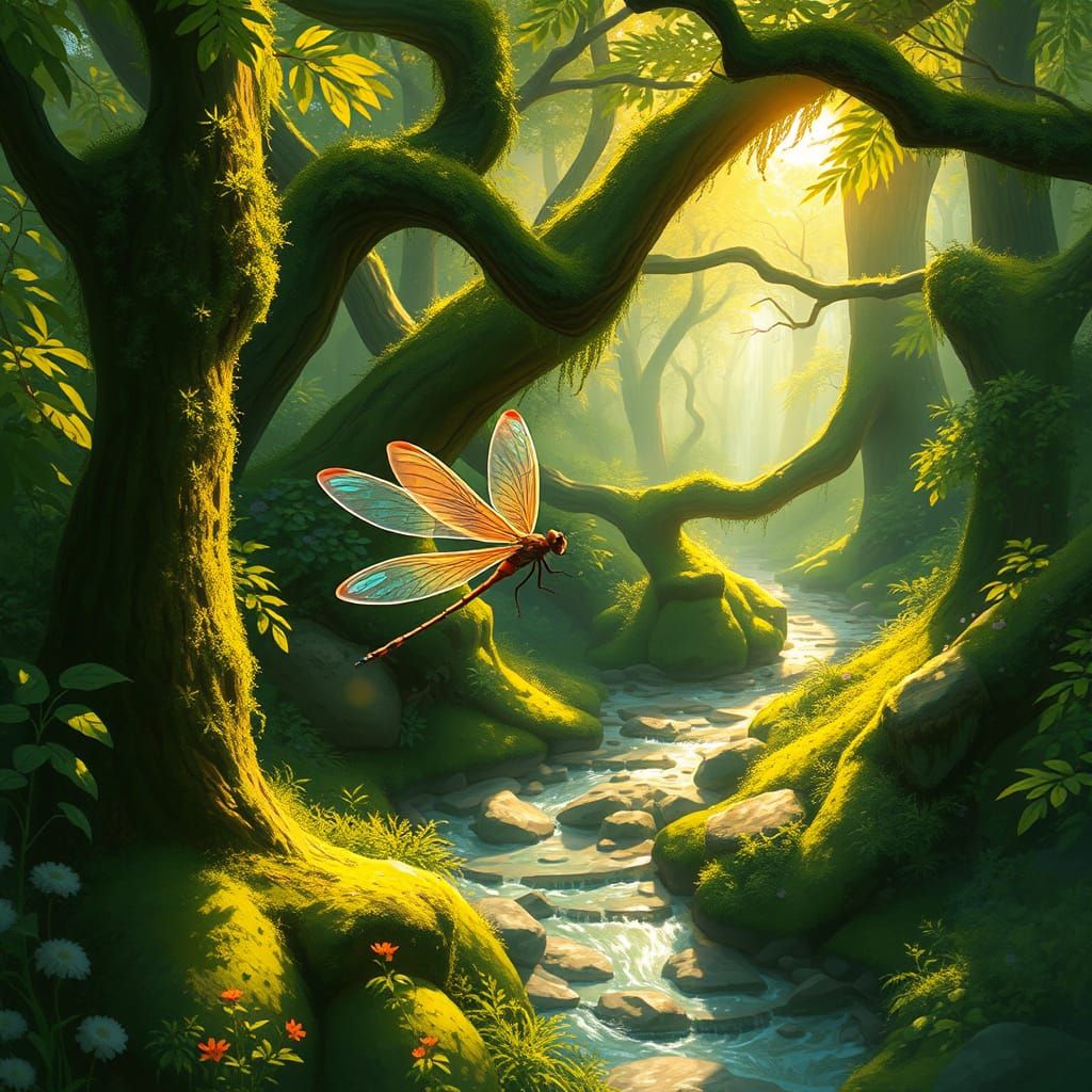 Dragonfly in Enchanted Forest, Fantasy Art Style