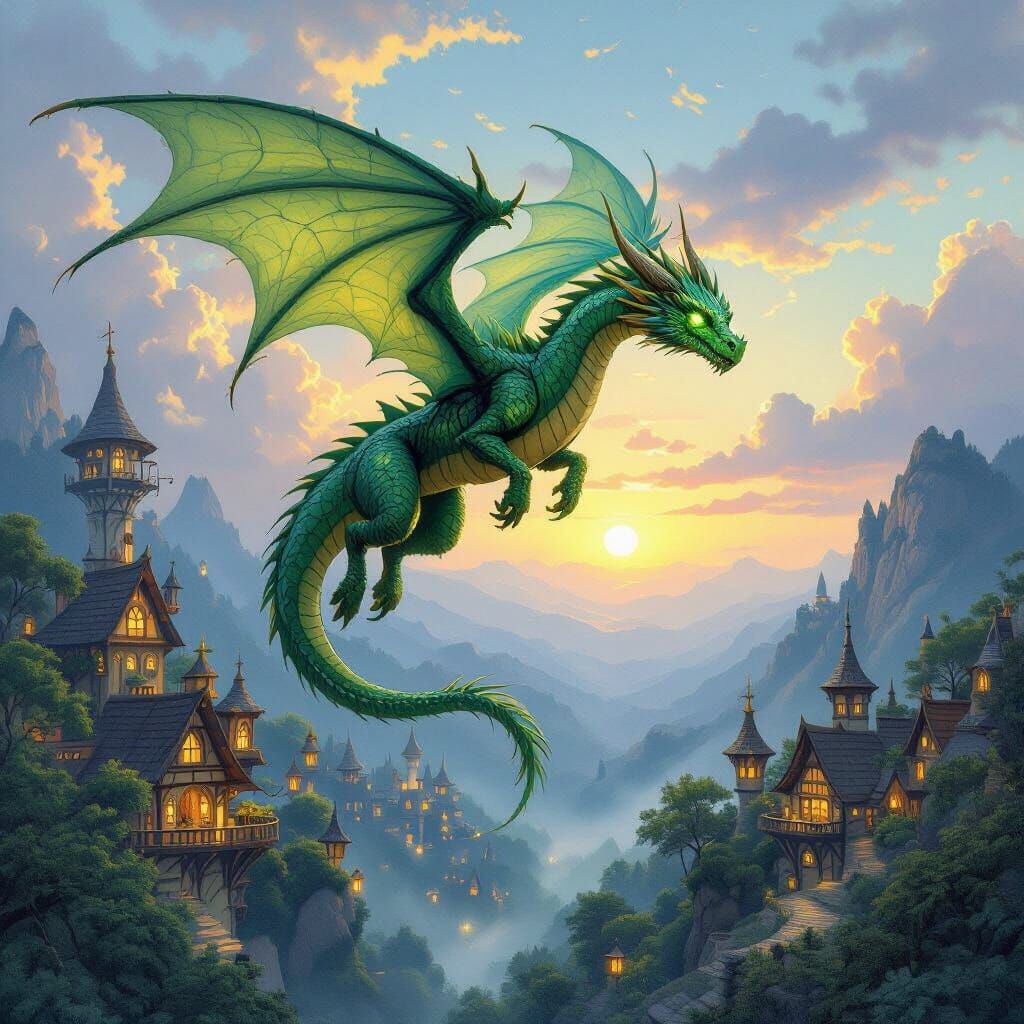Emerald Dragon Soaring Above Elven Village