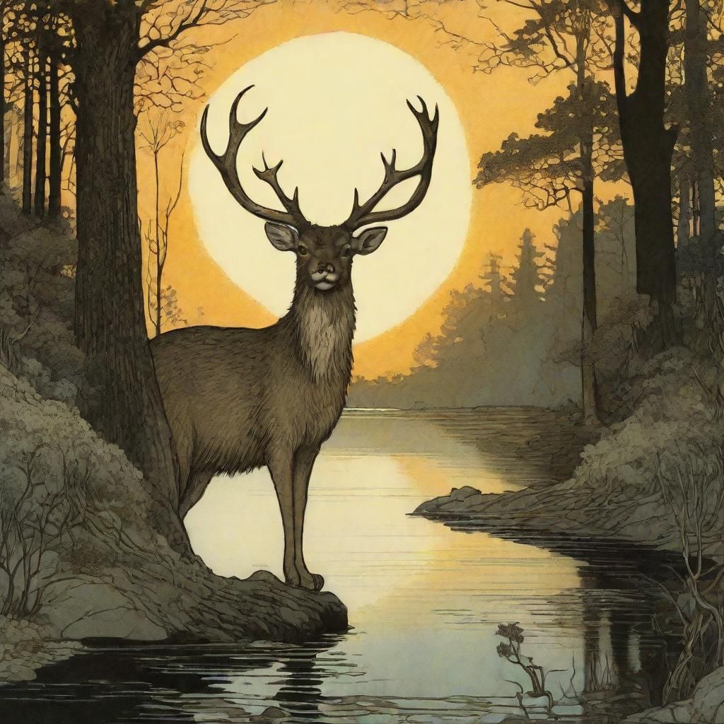 Cat with Antlers in Forest Pond, Golden Age Illustration