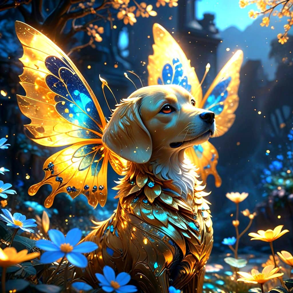 Vibrant Blue and Gold Anime World with Whimsical Creatures