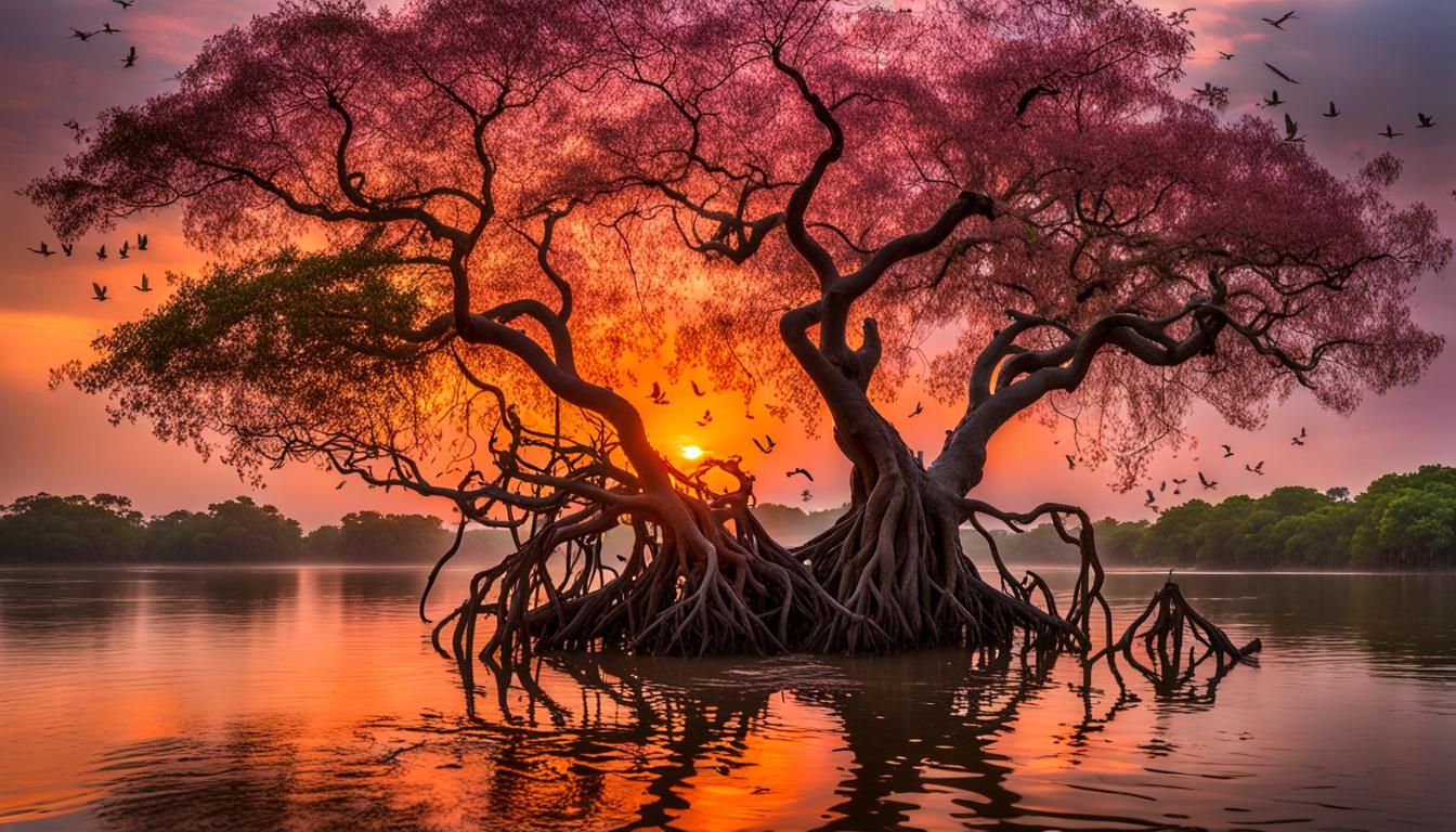Mangrove Sunset with Birds, Dreamlike Naturalism