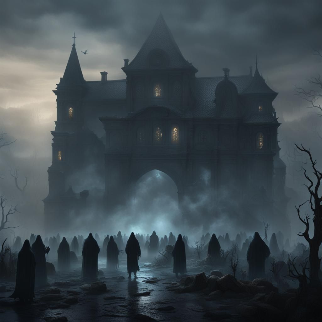 Ominous Isle of Shadow Beings in Hyperrealistic 3D