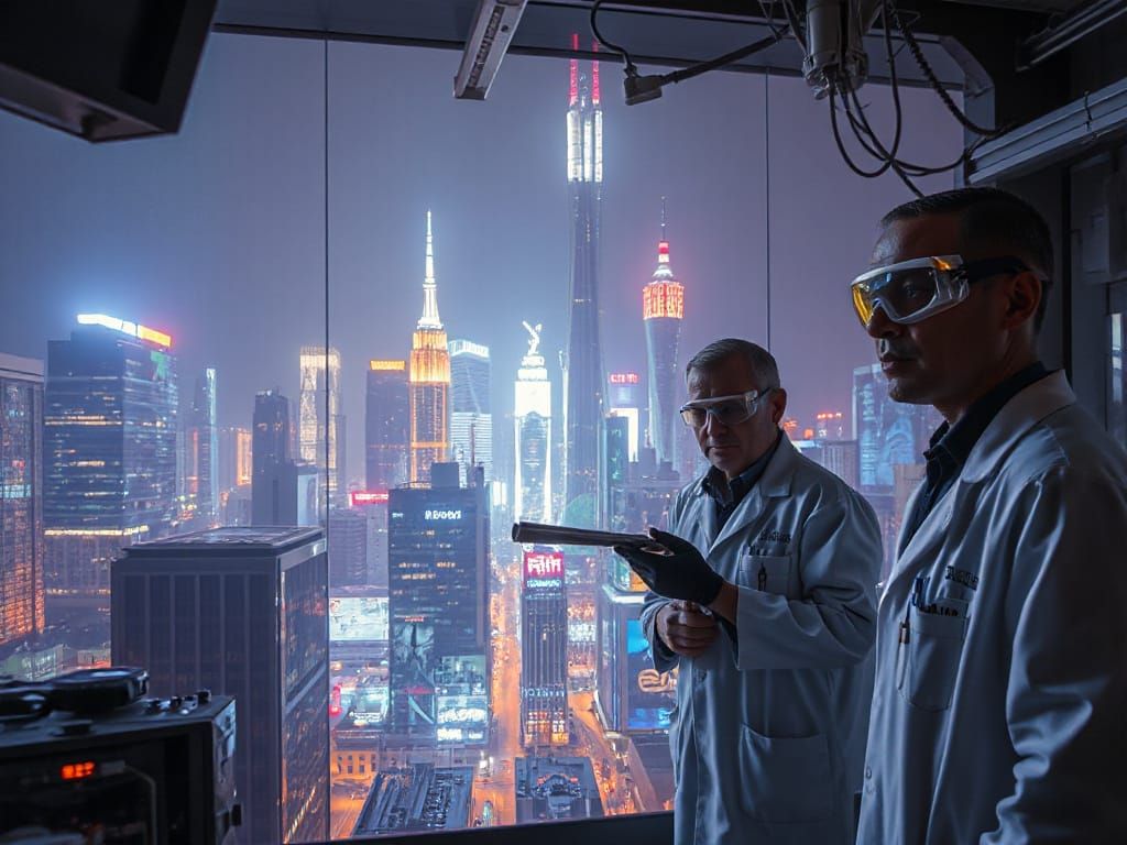 Futuristic Laboratory Cityscape in Neon-Lit Hyper Realism