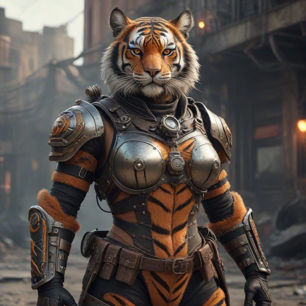 Dieselpunk Tiger Woman in Battle Armor, 4K