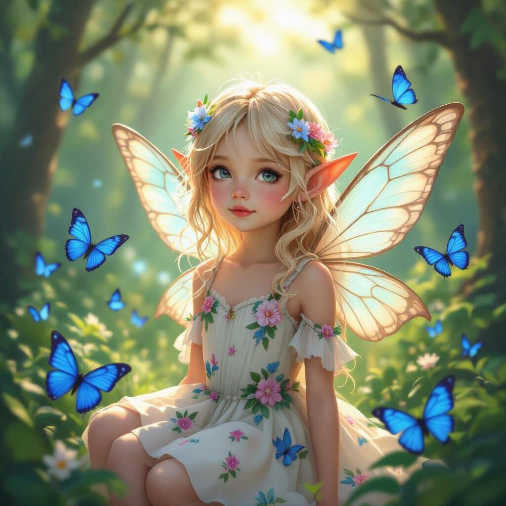 Blond Fairy Girl with Blue Butterflies in Forest