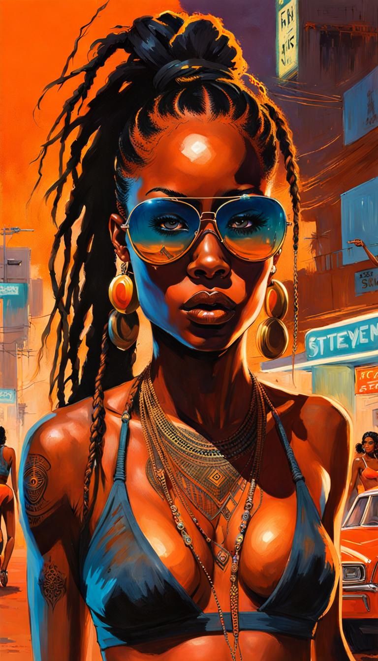 African Woman in Neon on the Streets of LA