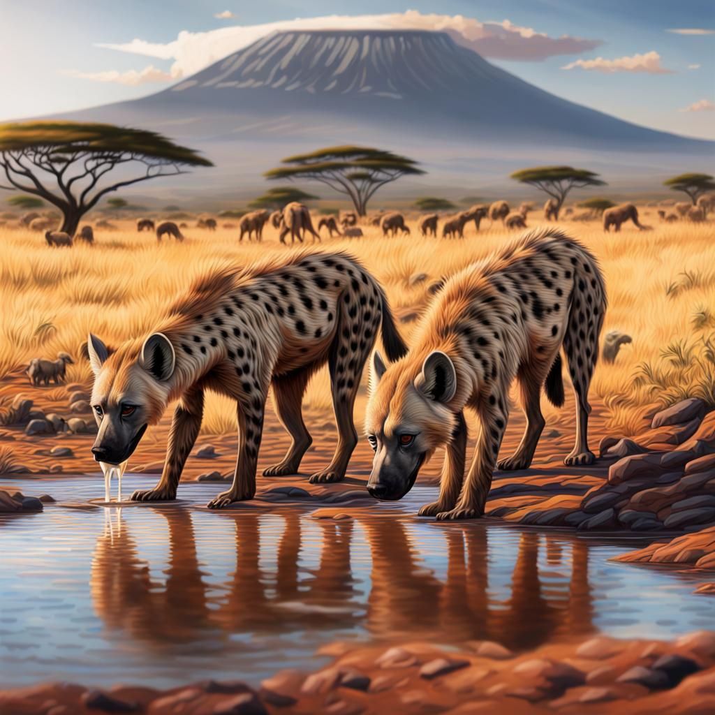 Hyenas Drinking at Serengeti Watering Hole
