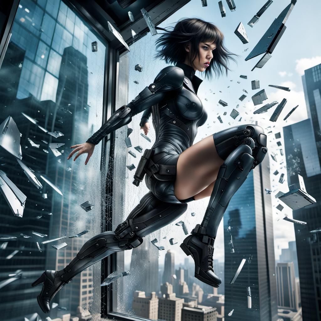 Cyberpunk Spy Hacker Escape Through Shattered Skyscraper Win...