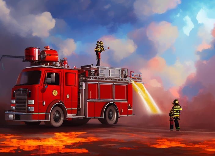 Fire Truck and Dalmatian Dog in Ghibli Anime Style