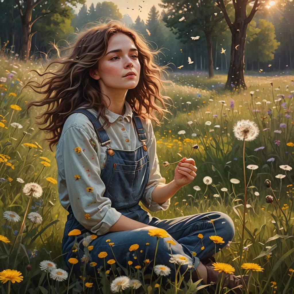 Woman in Meadow with Dandelion, Oil Painting