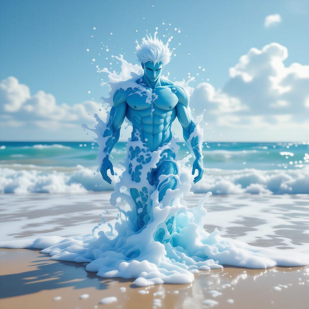 Male Water Elemental of Sea Foam in Digital Art Style