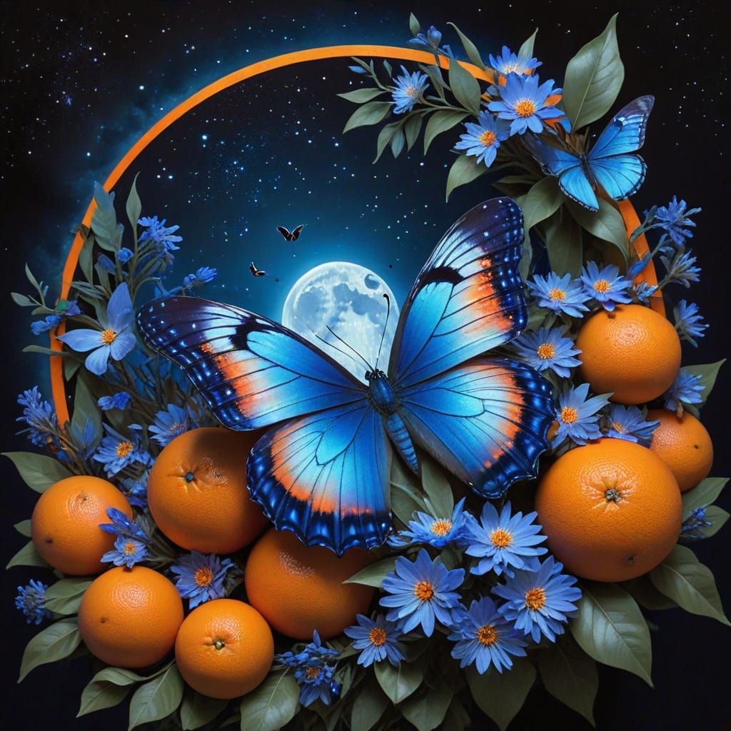 Iridescent Butterfly on Oranges and Blue Flowers
