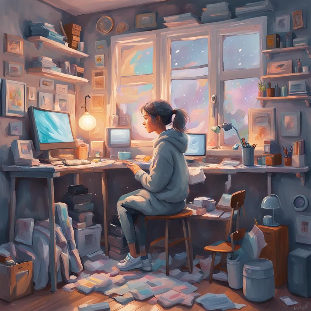 Lofi Girl in Cozy Room: Gouache Watercolor Style