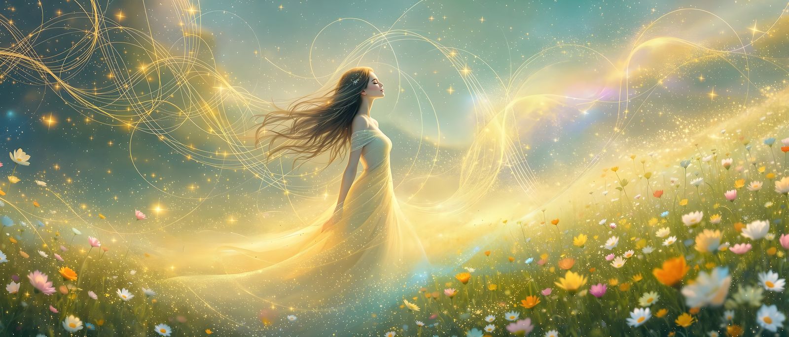 Ethereal Woman in Vibrant Whimsical Landscape