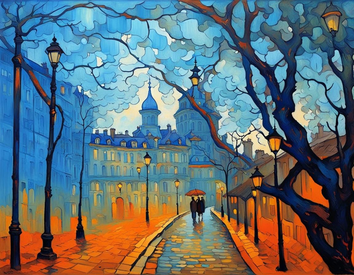 Paris Street Scene in Art Nouveau Style